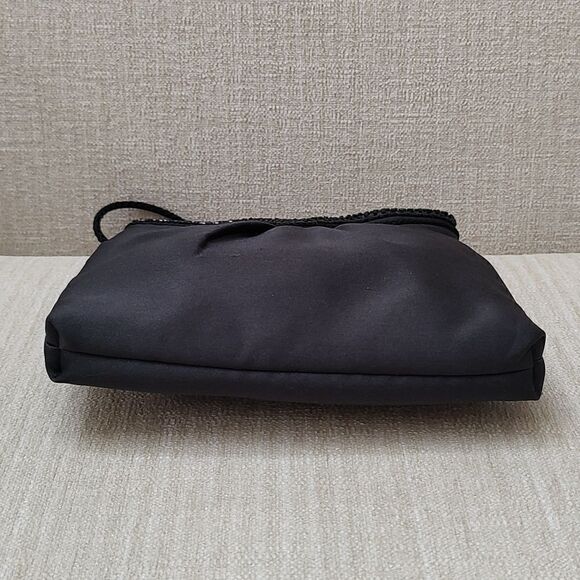 Black Satin Pleated Evening Shoulder Bag with Bead Detail - Picture 4 of 10